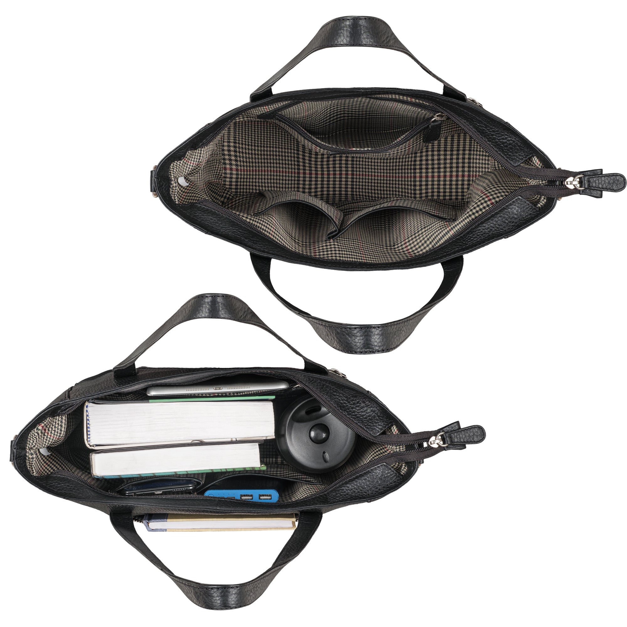 Ledertasche Damen schwarz im gefüllten Zustand und leeren Zustand aus der Draufsicht
