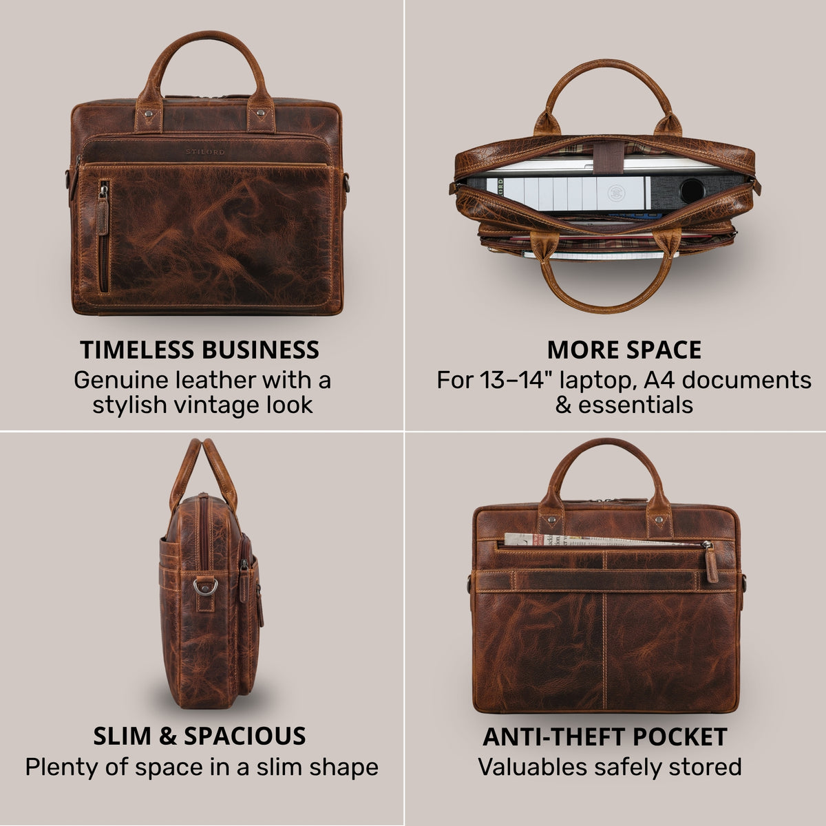 Vier Ansichten einer luino-braunen Ledertasche mit Laptopfach 13–14 Zoll, schlankem Profil und rückseitiger Anti-Diebstahl-Tasche