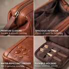 Bruine maraska leren toilettas, ritslip met STILORD, ruim interieur, waterafstotend leer met druppels, elastische houders