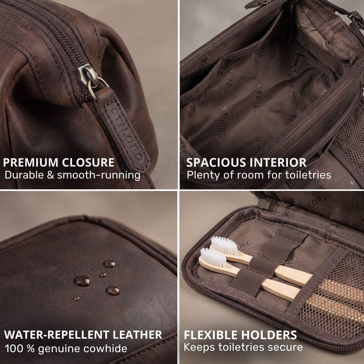 Bruine leren toilettas (zamora), waterafstotend leer, ritstrekker met STILORD-embossing, ruim interieur met elastische houders