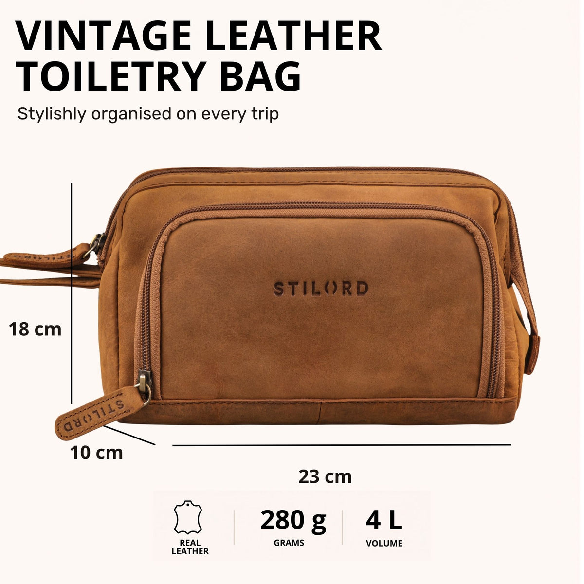 Tan leren toilettas, vooraanzicht met STILORD-opdruk en maatvoering 23 x 10 x 18 cm