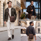 Kleine Herrenschultertasche aus braunem Rindsleder, Front- und Seitenansicht, Modelle in Stadt und Büro
