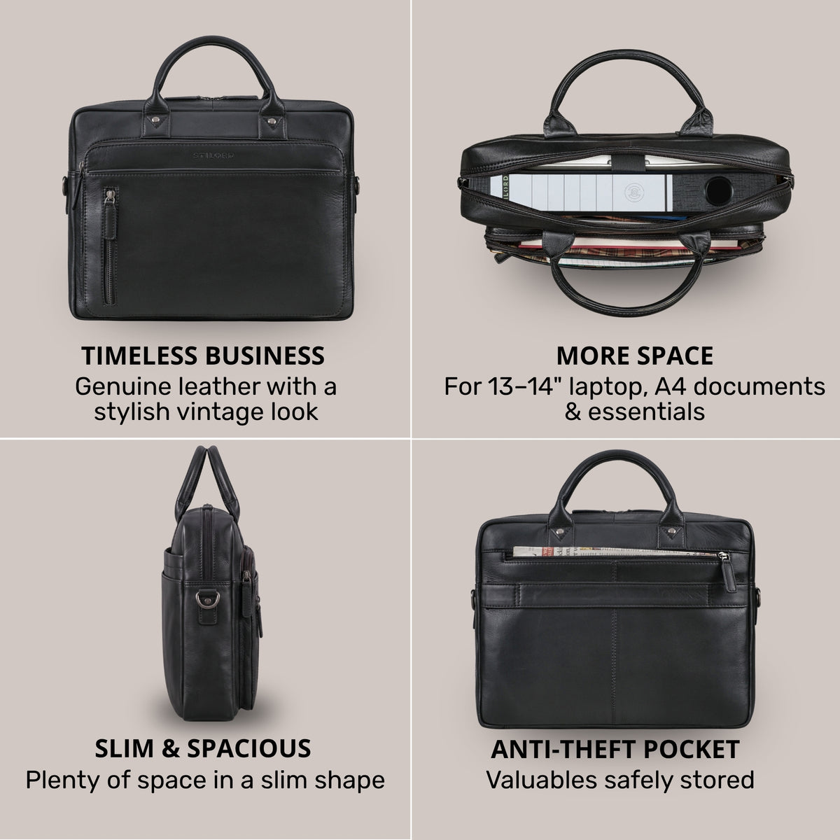 Schwarze Leder-Business-Tasche in vier Ansichten: Front, oben mit Laptop und Ordner, Seitenprofil, Rückseite mit Diebstahlsfach