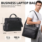 Schwarze Leder-Business-Tasche für 13–14 in Laptop, Frontansicht mit Schultergurt und sichtbarer STILORD-Prägung
