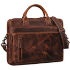 Laptoptasche aus vintage Rindsleder 13–14 Zoll, luino braun, Frontansicht mit Griff, Schulterriemen und STILORD-Prägung