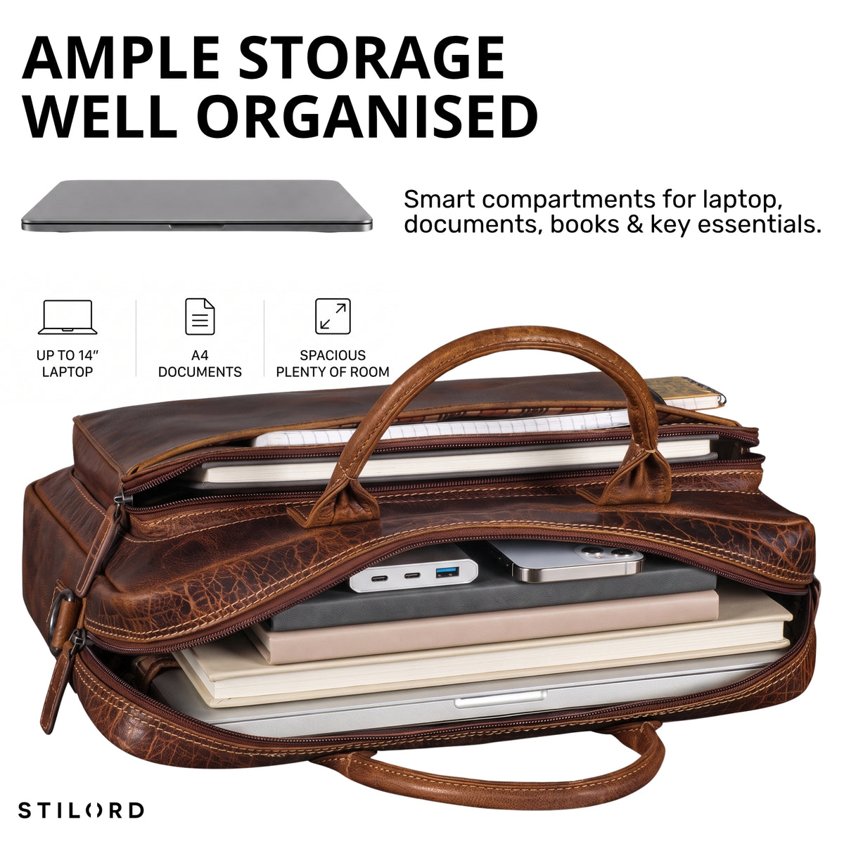 Geöffnete Business Tasche aus luino-braunem Leder mit Laptopfach 13–14 Zoll und organisierten Fächern, A4-tauglich