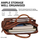 Braune Leder-Business-Tasche offen mit gepolstertem Laptopfach, Büchern, Powerbank und organisierten Innenfächern